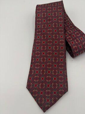 Christian Dior Designer Silk Tie Burgundy / Gold Geometric Print